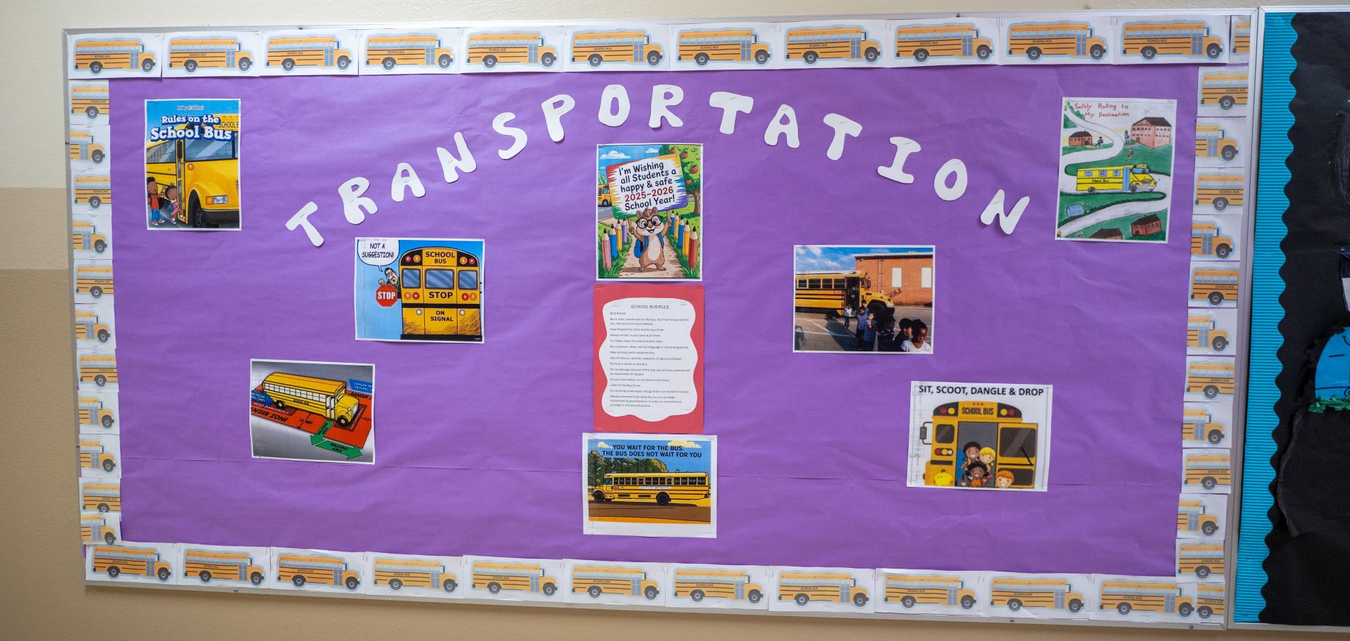 A bulletin board at the school with pictures of school buses and transportation information.