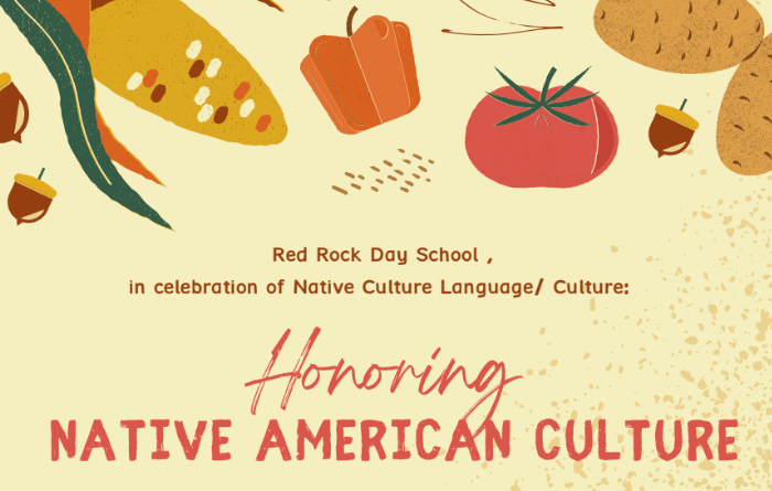Graphic reading “Honoring Native American Culture” with colorful illustrations of traditional crops and natural elements.