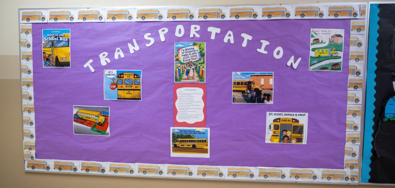 A bulletin board at the school with pictures of school buses and transportation information.