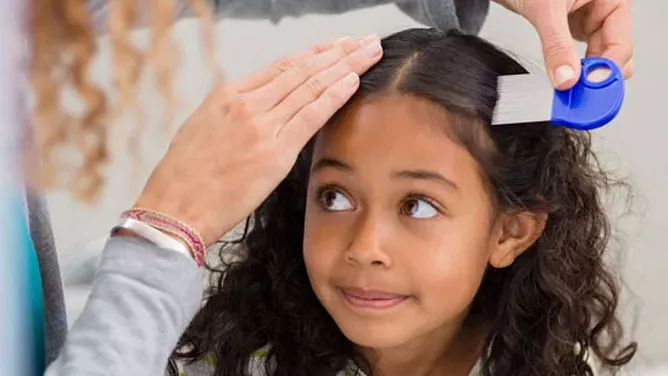 Teacher combing a female student's hair of lice. 